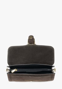 Hnědá semišová peněženka se zlatým zapínáním a vnitřní kapsou na zip. Vyznačuje se hladkým povrchem a minimalistickým designem.