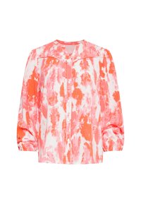 Rosa und weiße Batikbluse mit langen Puffärmeln, kragenlosem Ausschnitt und Knopfleiste. Leichtes Material mit dezentem Glanz.