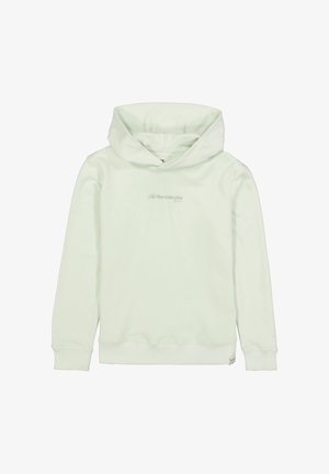 Minzgrüner Hoodie aus weichem Stoff, mit großer Kapuze, langen Ärmeln und kleinem Logo auf der Vorderseite. Leichtes und lässiges Design.