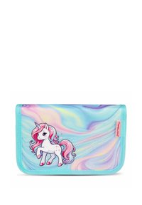 Einhorn-Themenfedermäppchen mit einem pastelartigen Wirbelmuster, das eine Illustration eines weißen Einhorns mit rosa Mähne und Schweif zeigt, umrandet in mintblau.