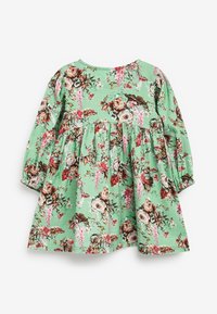 Zelené květinové šaty s dlouhými rukávy, skládací sukně, na jemně texturované látce s kombinací růžových, červených a bílých růží.