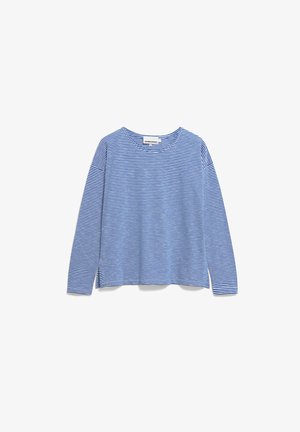 Chemise à manches longues rayée bleu et blanc avec un col rond, une coupe décontractée, des fentes latérales, et un tissu en mélange de coton texturé.