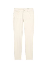 Jeans de algodón de color beige claro con un ajuste slim, diseño de cinco bolsillos y cierre de botón. Textura suave con sutiles detalles de costura.
