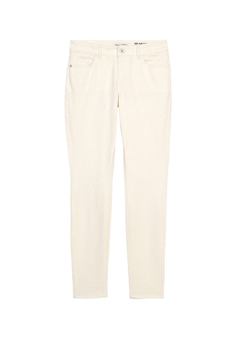 Jeans de algodón de color beige claro con un ajuste slim, diseño de cinco bolsillos y cierre de botón. Textura suave con sutiles detalles de costura.