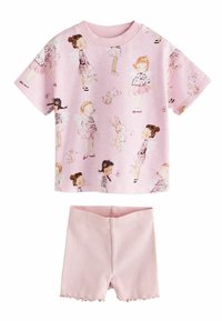 Conjunto rosa para niño pequeño con camiseta de manga corta con ilustraciones de bailarina y conejo, combinado con pantalones cortos acanalados con dobladillos con volantes.