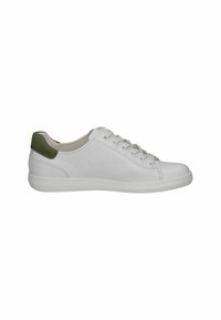 Sneaker alb din piele cu o textură netedă, vârf rotund, accent verde la călcâi și șase gauri pentru sireturi. Talpă din cauciuc pentru aderență și confort.
