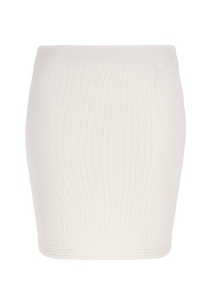 White ribbed skirt featuring a fitted design, elastic waistband, and a smooth texture with subtle horizontal lines.
