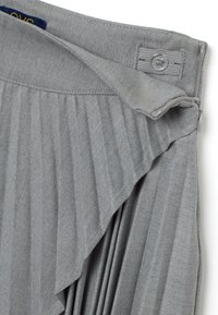 Grijze geplooide rok met een soepele textuur, voorzien van een verborgen ritssluiting en knoopsluiting in de taille. Ondiep gevouwen stofdetail.