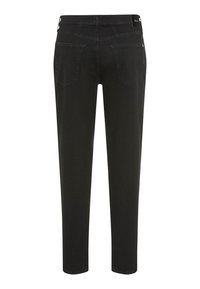Sorte denimbukser med lige ben-design, der har to baglommer og minimal syning. Stoffet har en glat tekstur.