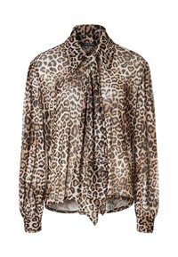 Long-sleeve sheer blouse with brown and black leopard print, large pointed collar, and front tie detail.