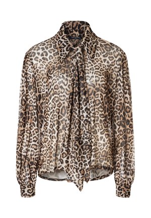 Transparante blouse met lange mouwen, bruin en zwart luipaardprint, grote spitse kraag en een strikdetail aan de voorkant.