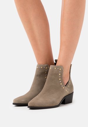 Bottines taupe en daim, ornées de clous dorés et argentés sur les côtés, avec un bout pointu et un petit talon bloc.