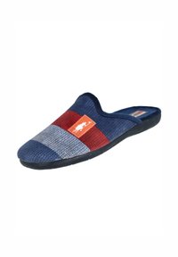 Zapatillas tipo slip-on con tejido trenzado en rayas azules, rojas y grises, suela de goma negra y un pequeño parche con logo naranja.