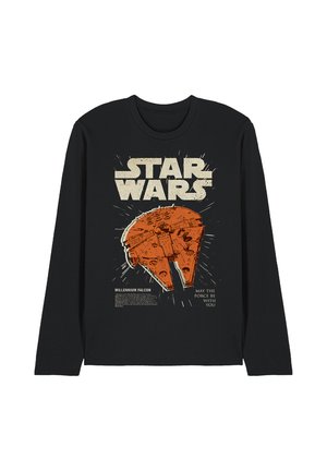 Black long-sleeve shirt with a large orange Millennium Falcon graphic, "STAR WARS" text above, and "May the force be with you" text below.