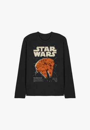 Schwarzes Langarmshirt mit einer großen orangen Millennium Falcon-Grafik, "STAR WARS" Text oben und "May the force be with you" Text unten.