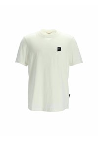 Weißes Kurzarm-T-Shirt aus Baumwolle mit rundem Halsausschnitt. Verfügt über einen kleinen schwarzen Logoaufnäher auf der linken Brust und ein Seitenschild.