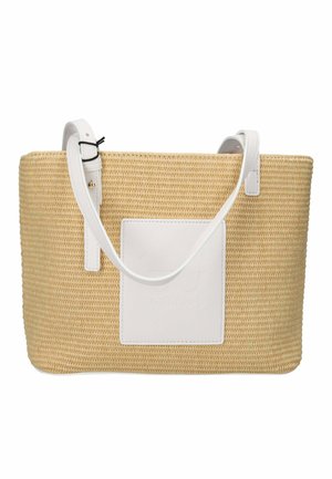 Borsa a mano rettangolare in paglia intrecciata con cinturini regolabili in pelle bianca e una toppa in pelle bianca sulla parte anteriore.