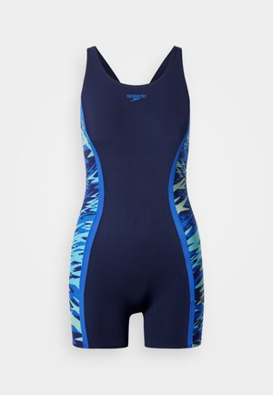 Jūras zils peldkostīms ar zilām un zaļām rakstainām sānu panelēm, ar racerback dizainu un cieši pieguļošu fitu. Izgatavots no elastīga materiāla.