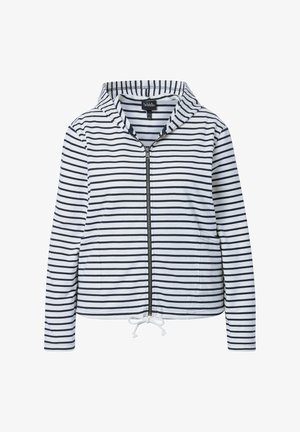 Bílá bunda s kapucí s černými horizontálními pruhy, přední zip, dvě kapsy a šňůrka na spodním lemu.