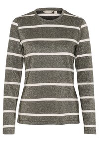 Camicia a maniche lunghe a righe bianche e nere, con una texture glitterata, scollatura rotonda e vestibilità slim con maniche dritte.