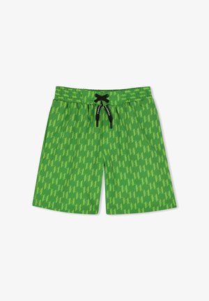 Groene zwembroek met een geometrisch patroon in verschillende groentinten, een elastische tailleband en een zwarte trekkoord voor aanpassing.