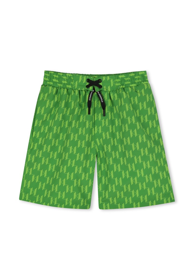Shorts de bain verts avec un motif géométrique dans des nuances de vert variées, une taille élastique et un cordon de serrage noir pour le réglage.