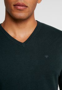 Maglione verde scuro a scollo a V con collo a coste, realizzato in un tessuto a maglia morbido. Presenta un piccolo logo sul petto.