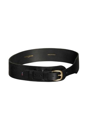 Ceinture en cuir noir avec une finition texturée, dotée d'une boucle en métal doré et d'un petit accent tricolore près de la boucle. Intérieur lisse.