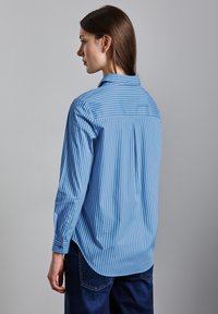Camicia a righe azzurre chiare con colletto, maniche lunghe e orlo leggermente curvo. Il tessuto ha una texture liscia e presenta strisce bianche verticali.