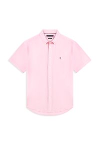 Πουκάμισο με κοντά μανίκια σε ανοιχτό ροζ βαμβακερό ύφασμα, με μυτερό γιακά, κουμπιά στο μπροστινό μέρος και μικρό λογότυπο στο αριστερό στήθος.