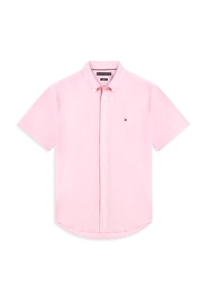 Short-sleeve button-up shirt in light pink cotton, featuring a pointed collar, front buttons, and a small logo on the left chest.