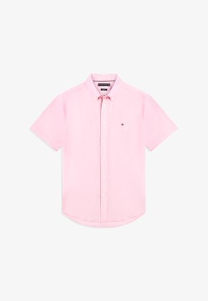 Cămașă cu mâneci scurte și nasturi, din bumbac roz deschis, având un guler ascuțit, nasturi în față și un mic logo pe pieptul stâng.