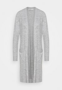 Harmaa pitkä neuletakki pehmeästä neuloksesta, jossa avoin etuosa, pitkät hihat ja kaksi etutaskua resorireunuksin.