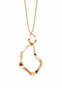 Złoty naszyjnik z abstrakcyjnym, falistym wisiorkiem o otwartym środku, zawieszonym na delikatnym łańcuszku. Elegancki i nowoczesny design.