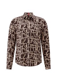 Hemd aus dunkelbraunem Stoff mit cremefarbenen abstrakten Linienmustern. Lange Ärmel, klassischer Kragen und Knopfverschluss.