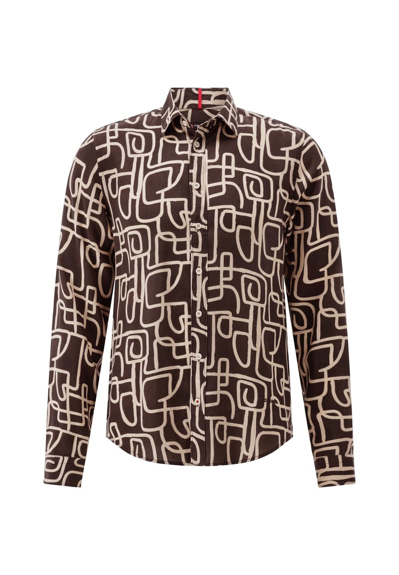 Hemd aus dunkelbraunem Stoff mit cremefarbenen abstrakten Linienmustern. Lange Ärmel, klassischer Kragen und Knopfverschluss.