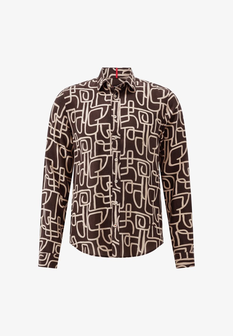Hemd aus dunkelbraunem Stoff mit cremefarbenen abstrakten Linienmustern. Lange Ärmel, klassischer Kragen und Knopfverschluss.