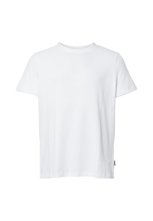 T-shirt blanc uni à manches courtes avec col rond, présenté sur fond blanc.