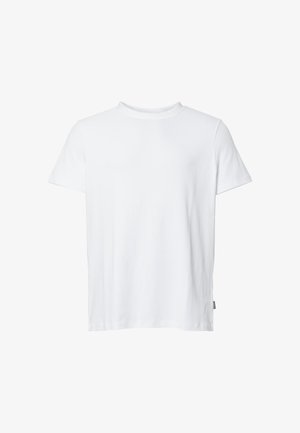 T-shirt blanc uni à manches courtes avec col rond, présenté sur fond blanc.