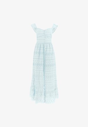 Lichtblauwe maxi-jurk van kant met off-shoulder mouwen, knopen aan de voorkant, geborduurd patroon en laags gesneden zoom.