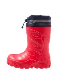 Rode rubberen regenlaars met gestructureerd golfpatroon, zwarte bovenmanchet met trekkoord en reflecterende band, robuuste zool voor grip.