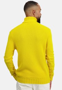 Gelber Strickpullover mit hohem, geripptem Kragen und strukturierter Stoffoberfläche. Mit langen Ärmeln und tailliertem Bund. Ansicht von hinten gezeigt.