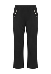 Svarta stretchbyxor med en slät yta, utrustade med två framfickor, dekorerade med silverknappar för detaljer. Kappad design.