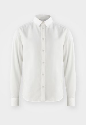 White long-sleeve shirt made from smooth fabric, featuring a classic collar and button-down front with light-colored buttons.
