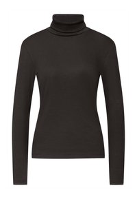 Czarny golf wykonany z prążkowanej tkaniny. Posiada długie rękawy oraz dopasowany krój z wysokim kołnierzem dla dodatkowego ciepła.