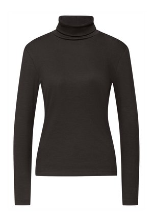 Zwarte coltrui gemaakt van ribbelstof. Beschikt over lange mouwen en een aansluitend ontwerp met een hoge hals voor extra warmte.