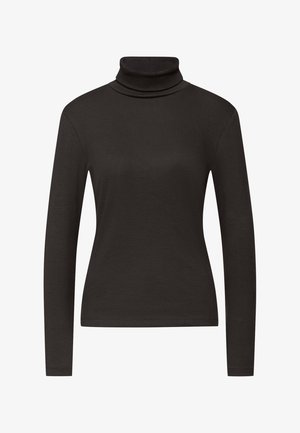 Czarny golf wykonany z prążkowanej tkaniny. Posiada długie rękawy oraz dopasowany krój z wysokim kołnierzem dla dodatkowego ciepła.