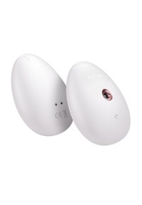 Dispositif électronique ovale blanc avec une finition mate lisse. Présente un petit accent rose doré et deux boutons visibles.