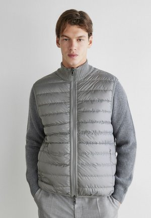 Junger Mann mit braunen Haaren, der eine hellgraue, gesteppte Weste mit Reißverschluss über einem gerippten grauen Pullover trägt, vor weißem Hintergrund steht.