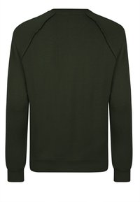 Felpa verde scuro con maniche raglan, scollo rotondo, polsini e orlo a coste. Texture liscia, senza motivi o loghi visibili.